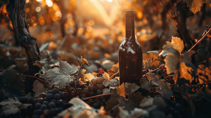 A Dark Wine Bottle Mockup Nestled in a Bed of Grapevines at a Vineyard - Golden Hour Glow of the...