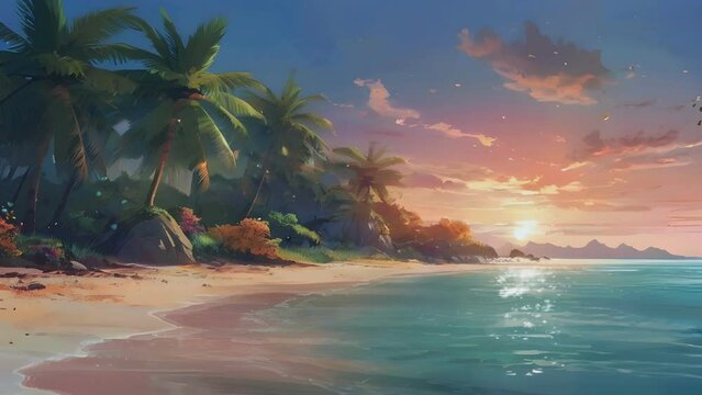 views of the beauty of a peaceful beach with sunset scenes, in cartoon or anime style