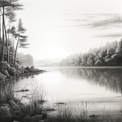 A black and white drawing of a lake with trees in the background