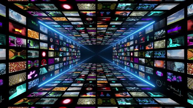 collage video animation with three dimensional camera moving zoom out. With neon lines around in corners. Video walls for business content