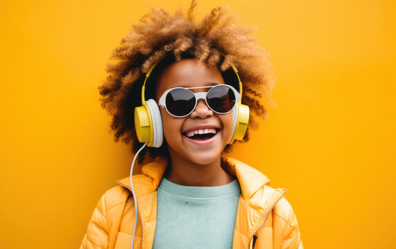 Joyful Afro-American Girl Enjoying Music with Stylish Earphones on a Happy Lifestyle Background