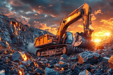 A large orange excavator is driving through a rocky area