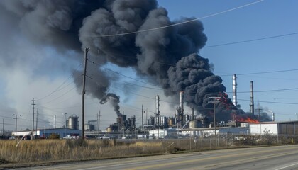A large industrial plant is on fire, with smoke billowing into the sky