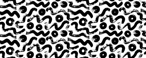 Seamless banner design with bold squiggles and circle. Hand drawn curved brush strokes, dots and organic shapes.