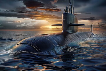 A large submarine is in the water with the sun setting in the background - obrazy, fototapety, plakaty