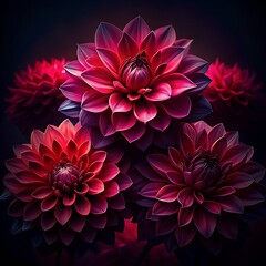 Envision a dusky backdrop enveloped in shadows, illuminated only by the radiant glow of ruby-red dahlias