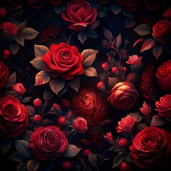 A deep, inky black background adorned with crimson roses, their velvety petals imbued with an intense richness