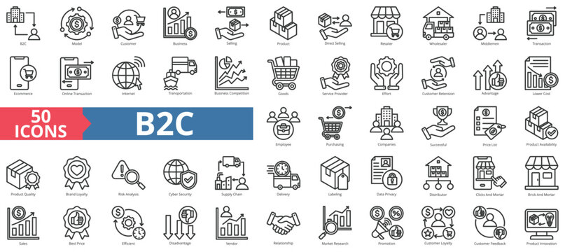 B2C icon collection set. Containing business model, customer, service, selling, product, direct selling, retailer icon. Simple line vector