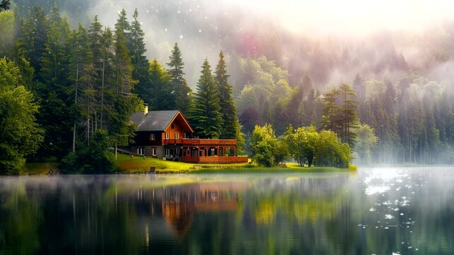 Scene of a quiet house by the lake, animated virtual repeating seamless 4k	