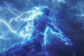 A blue and white image of a person with lightning bolts surrounding them