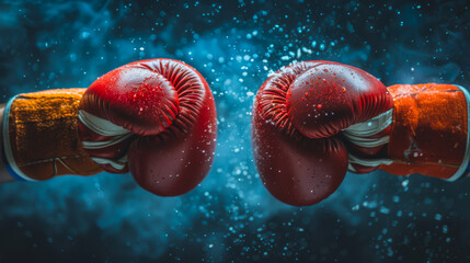 Obraz na płótnie Canvas Close-up of two male hands in boxing gloves. Sports confrontation. Sports concept, activity.