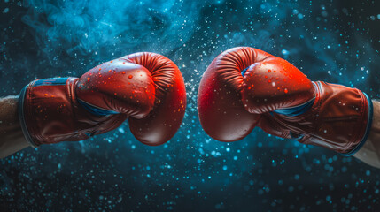 Close-up of two male hands in boxing gloves. Sports confrontation. Sports concept, activity.