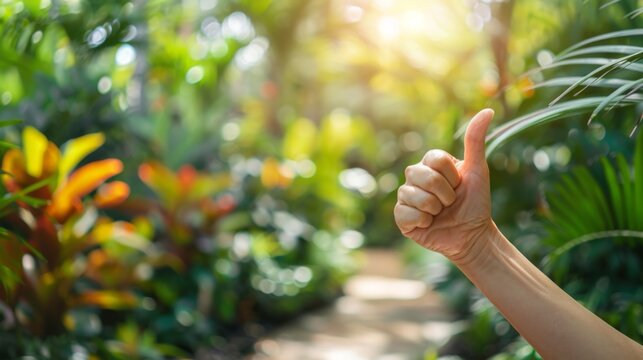 Thumbs up sign. Woman's hand shows like gesture. Botanical garden background