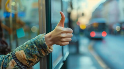 Thumbs up sign. Woman's hand shows like gesture. Bus stop background