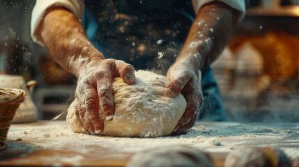 Close-up of a man's hands kneading dough, sprinkling flour, working in a bakery. Making bread. Kneading the dough. Food concept.