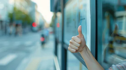 Tuinposter Thumbs up sign. Woman's hand shows like gesture. Bus stop background © Jane Kelly