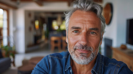 An adult man takes a selfie at home in casual clothes. Smiling gray-haired man with a phone having fun at home.