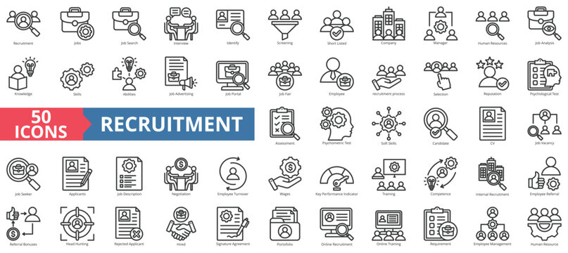 Recruitment icon collection set. Containing job search, interview, job fair, screening, short listed, employee icon. Simple line vector