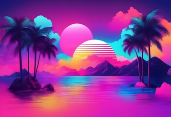 Sea view vaporwave tropical landscape with palm trees and mountains. Generative AI.