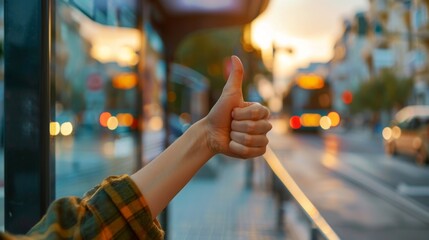Thumbs up sign. Woman's hand shows like gesture. Bus stop background