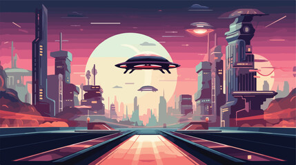 Retro sci-fi city with flying cars and neon lights. - obrazy, fototapety, plakaty