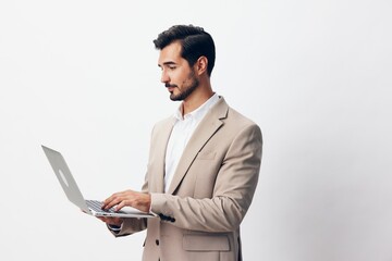 man typing smiling copyspace job freelancer laptop suit internet business computer