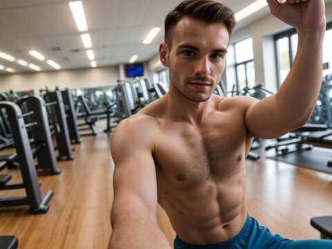Young athletic man takes selfies in gym