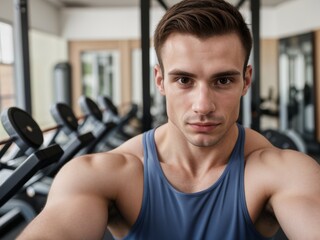 Fototapeta na wymiar Young athletic man takes selfies in gym