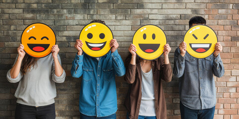 Healthy workplace culture concept. A group of diverse people holding happy emoticons. Teamwork