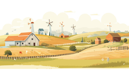 Rustic countryside farm with barns windmills and ro