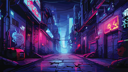 Sci-fi cyberpunk alleyway with glowing neon signs a - obrazy, fototapety, plakaty
