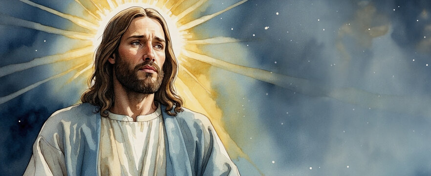 A stunning watercolor portrait of Jesus Christ, with soft, ethereal brushstrokes and a peaceful expression. With copy space.