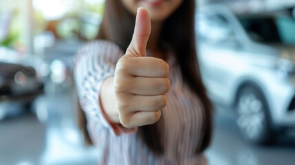 Thumbs up sign. Woman's hand shows like gesture. Car dealership background