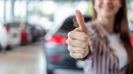 Thumbs up sign. Woman's hand shows like gesture. Car dealership background
