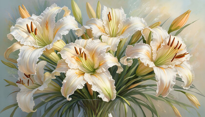 Hand-painted lilies. Decorative wallpaper with daylilies.