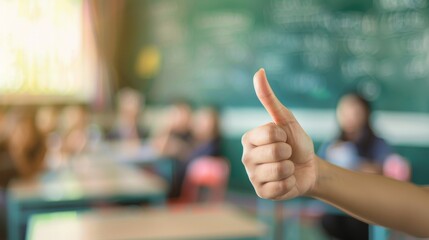 Thumbs up sign. Woman's hand shows like gesture. Classroom background