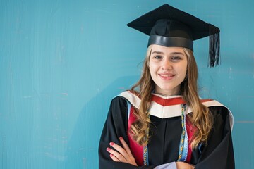 Accomplished Young Graduate in Black and Red Gown on Blue Background. Generative AI.