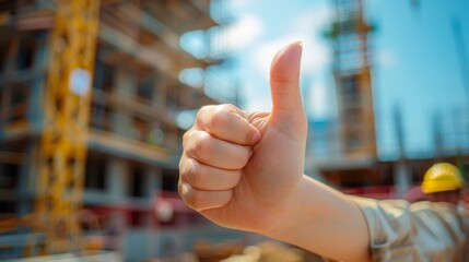 Thumbs up sign. Woman's hand shows like gesture. Construction site background