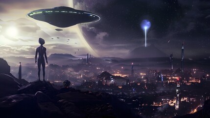 Night Sky: UFOs over Cityscape