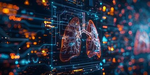 A digital representation of complex lung anatomy with technological components integrated. Concept Medical Illustration, Lung Anatomy, Technology Integration, Digital Representation, Complex Design