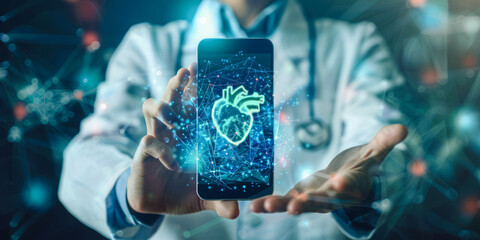 A businessman showcases a digital heart monitor on his smartphone, set against a holographic background, symbolizing the fusion of technology and healthcare.