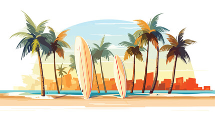 Fototapeta na wymiar Tropical beach scene with palm trees and surfboards