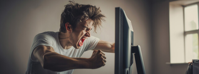 enraged young man punching a computer monitor - obrazy, fototapety, plakaty