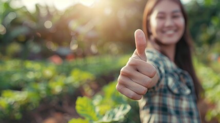 Thumbs up sign. Woman's hand shows like gesture. Farm background