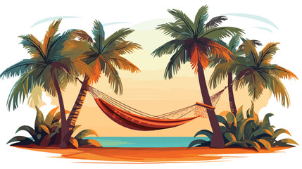 Fototapeta na wymiar Tropical paradise with palm trees and hammocks. fla