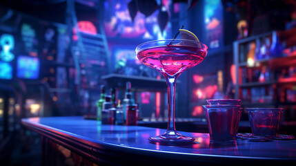 Strawberry daiquiri on bar counter in nightclub. Copy space. Neon lighting. 