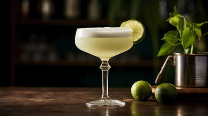 Classic alcoholic cocktail daiquiri with slice of lime on wooden bar counter.