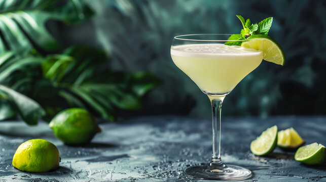 Classic alcoholic cocktail daiquiri with slice of lime. 
