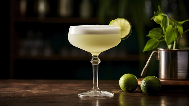 Classic alcoholic cocktail daiquiri with slice of lime on wooden bar counter.