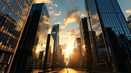 A D landscape of a modern business district at sunset AI generated illustration